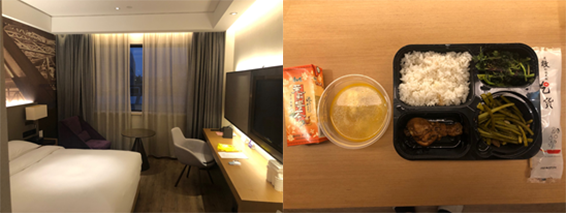 筆者撮影　左：隔離ホテル部屋の様子　右：支給されたお弁当